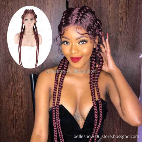 African American 32inch Box Black Braid Hair Wig Synthetic Hair Wig Wholesale 4 Long Box Braided Twist Lace Wigs